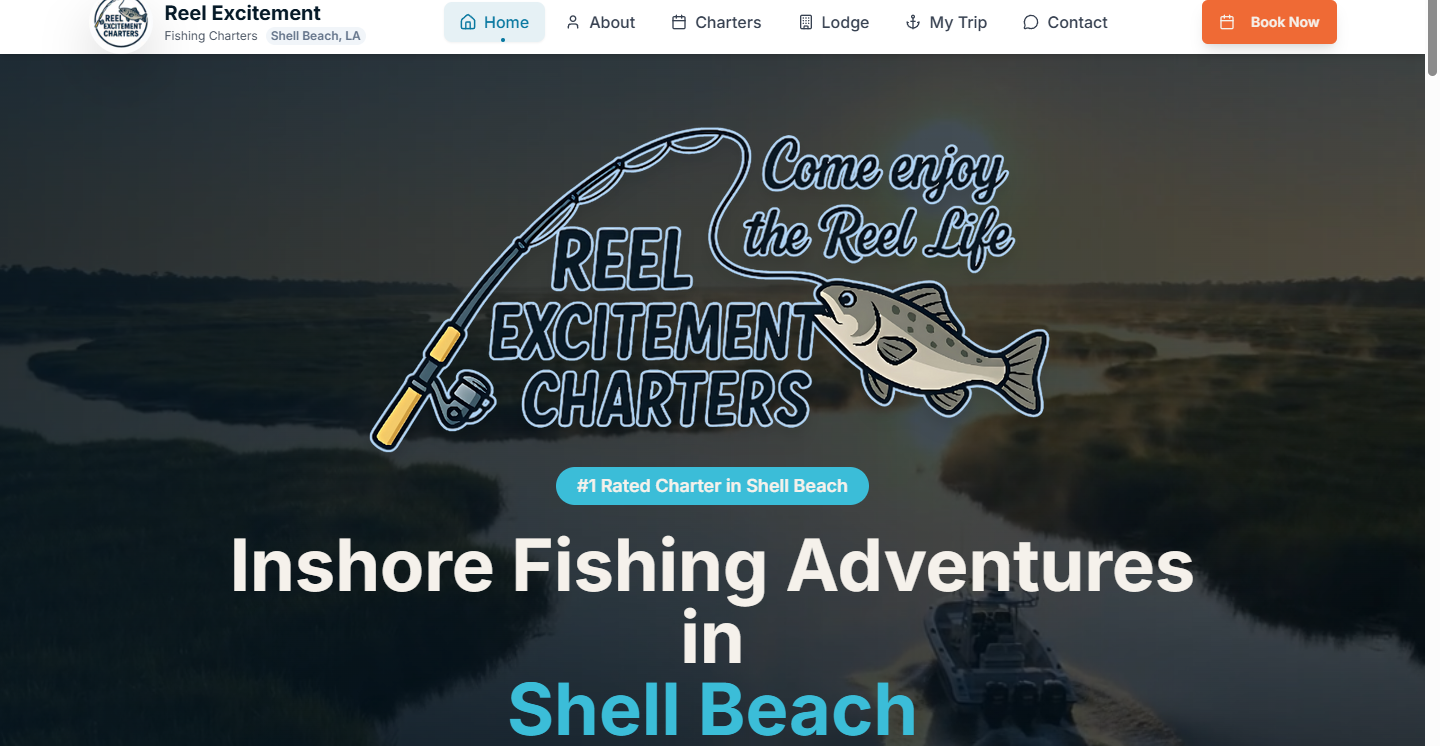 Reel Excitement Charters homepage running on the GuideStack platform: live weather ticker, booking navigation, and coastal hero
