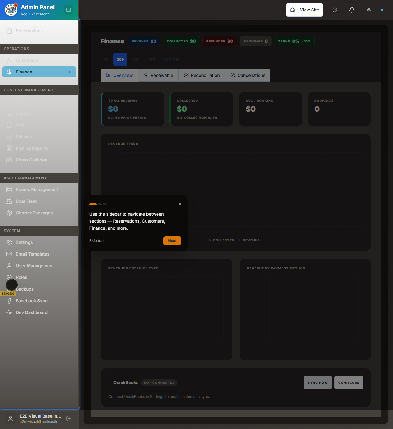 GuideStack finance admin with receivables and reconciliation views