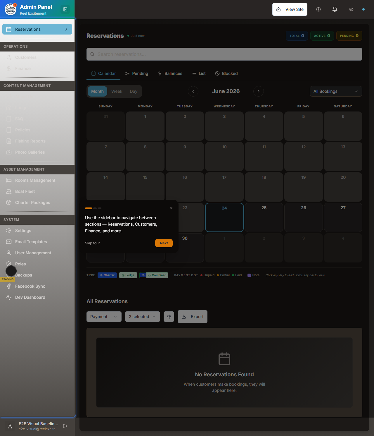 GuideStack admin: reservations calendar with drag-and-drop assignment across charter trips