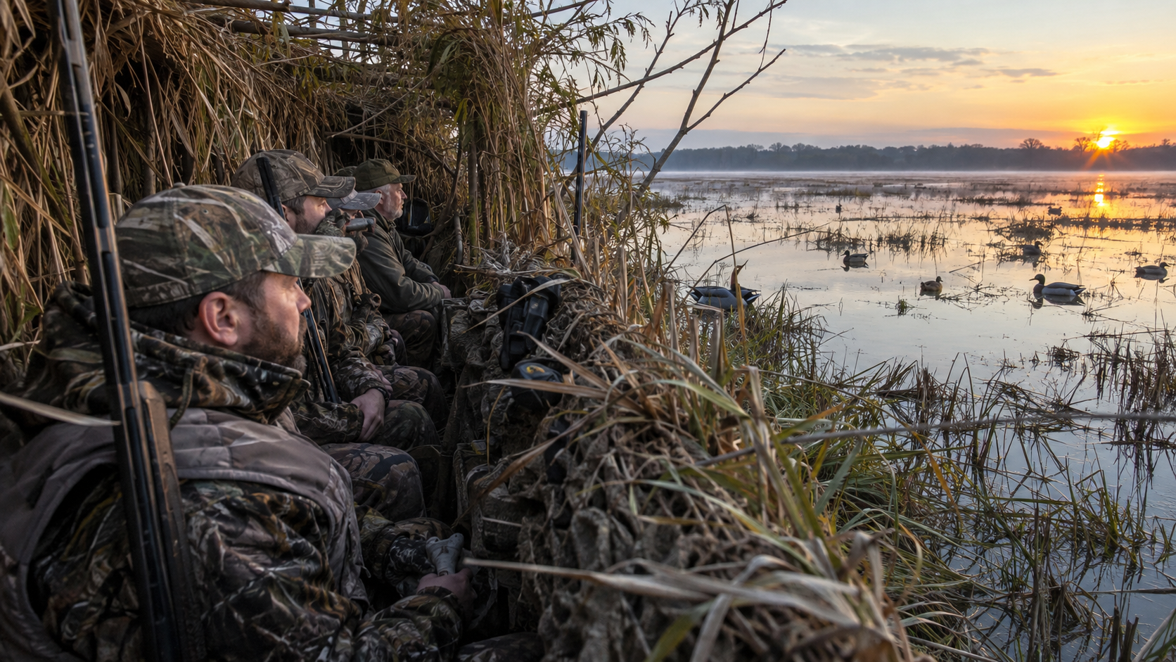 Duck hunters in a camouflaged marsh blind at sunrise